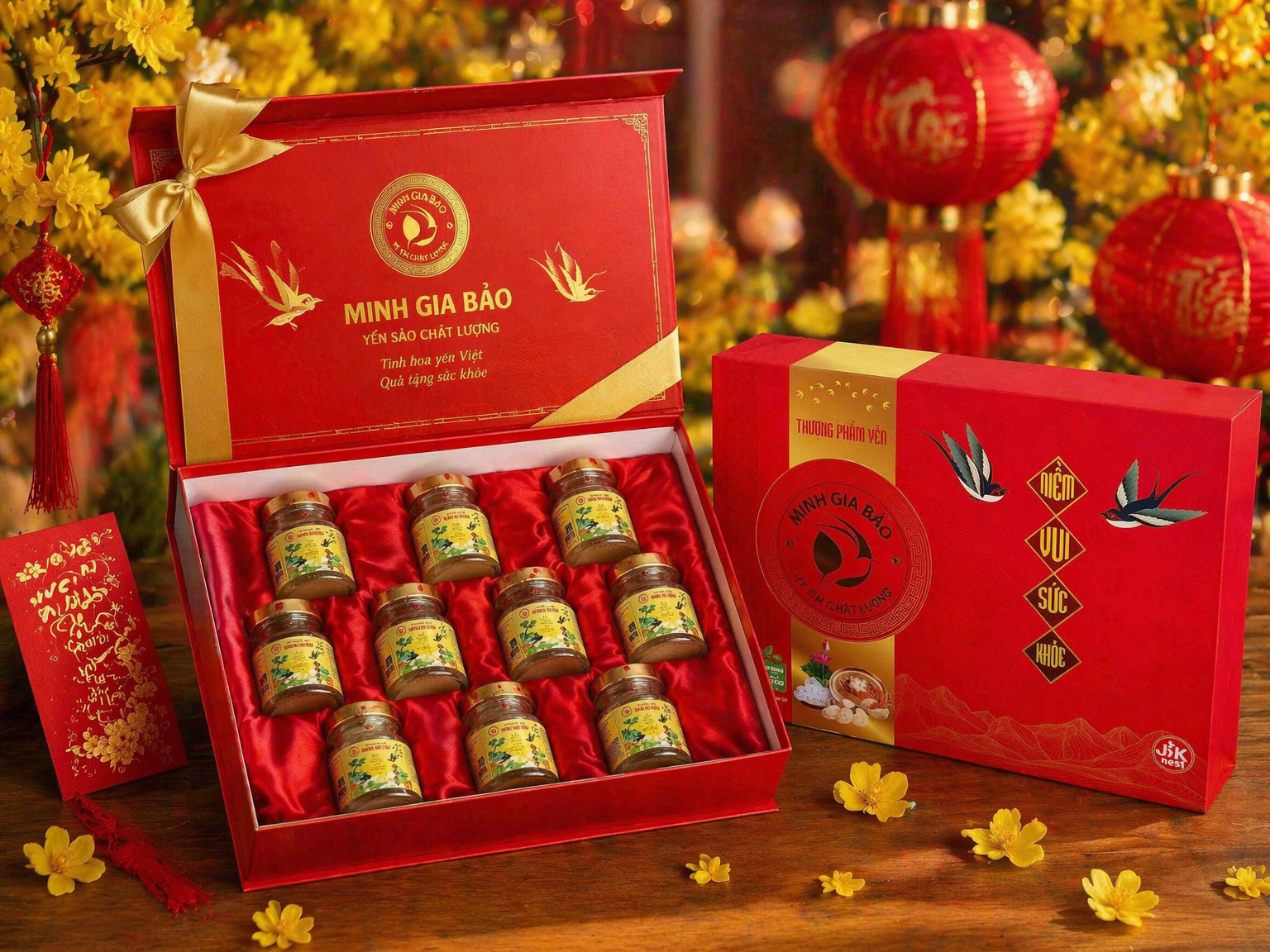 Hộp quà tặng yến chưng sẵn Minh Gia Bảo cao cấp Hộp quà yến chưng sẵn 10 hũ Minh Gia Bảo làm quà biếu sang trọng