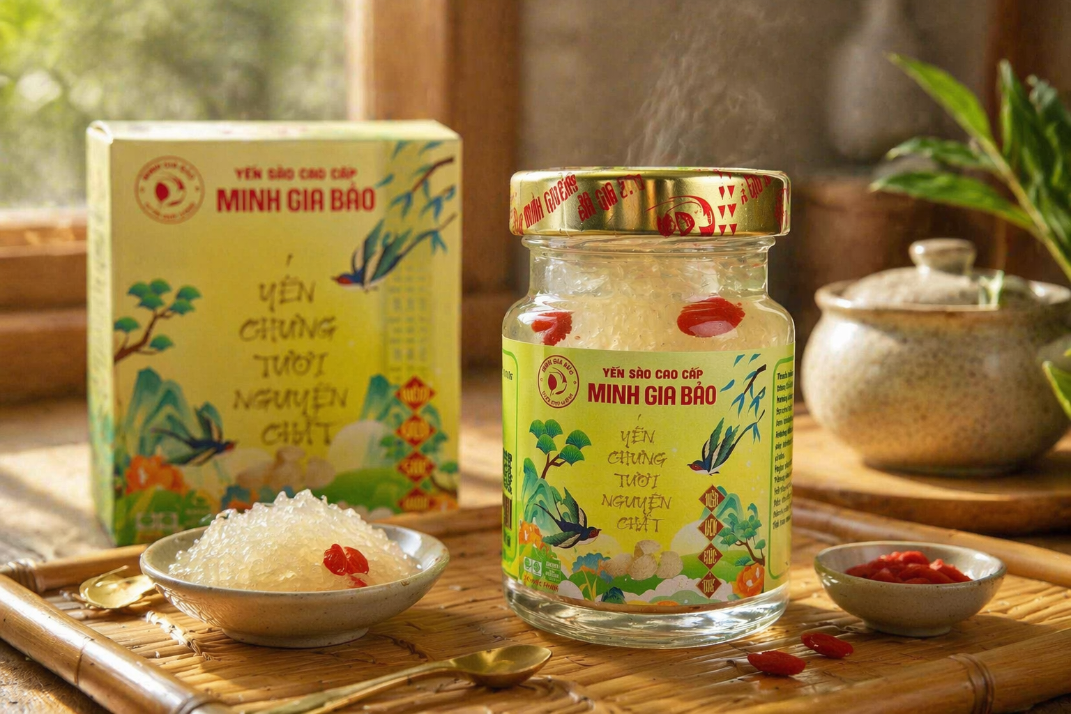Yến chưng sẵn Minh Gia Bảo Miền Trung nguyên chất Yến chưng sẵn Minh Gia Bảo hũ thủy tinh 70ml với yến nguyên chất và táo đỏ